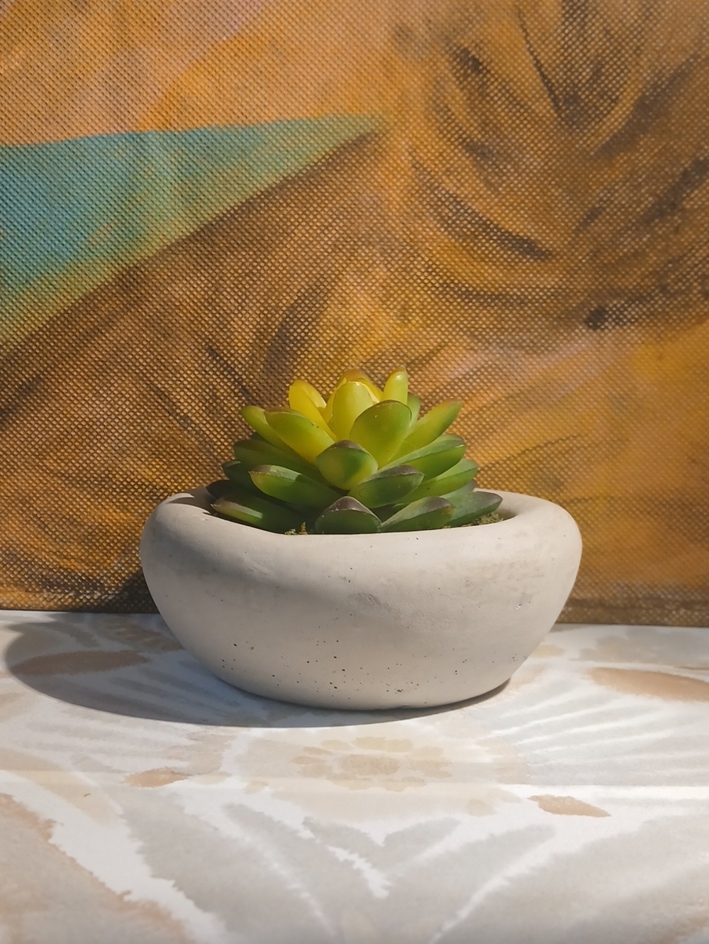 White Ceramic Bowl Planter with Green Faux Succulent